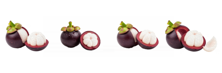 Set of Four Mangosteen (Garcinia mangostana) in Natural Arrangement, Isolated on Transparent Background, Oil Paint