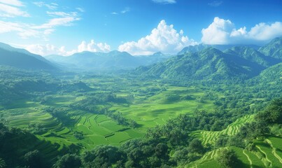 Naklejka premium Scenic aerial view of rice terraces surrounded by lush greenery under a bright blue sky, soft natural light enhancing vibrant colors, clean and serene rural landscape, sharp detail,