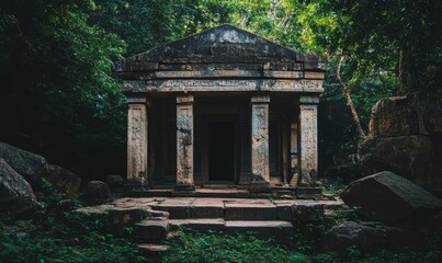 Fototapeta premium Scenic ancient stone temple surrounded by lush greenery, soft natural light casting gentle shadows on the weathered surfaces, serene historical atmosphere, tranquil vibe,