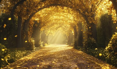 Scenic autumn pathway covered in golden leaves, sunlight streaming through the trees creating a peaceful and serene atmosphere