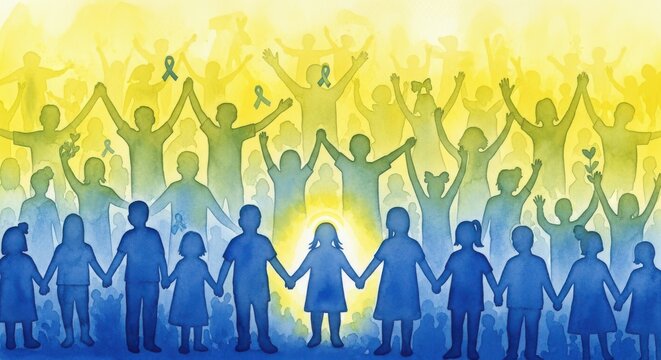 Silhouettes holding hands in unity under yellow and blue skies.