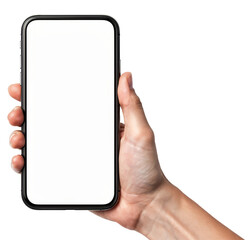 Hand Holding Smartphone with Blank White Screen Isolated on White Background Represents Mobile App Mockup, UI Design Presentation, and Digital Advertising