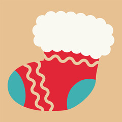 Christmas red and blue stocking with fur trim. vector illustration.