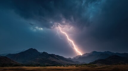 A lightning bolt strikes the sky above a mountain range. The sky is dark and stormy, with the clouds looming overhead. The scene is dramatic and intense