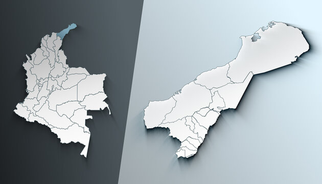 Minimalist 3D Map of La Guajira Colombia Department with District Borders