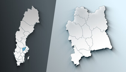 Minimalist 3D Map of Vastmanland Sweden County with Borders