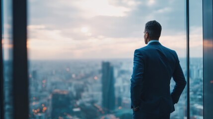 Plakat A businessman stands by a large window looking out at the city skyline. Sunset creates colorful skies. The scene shows a moment of reflection and contemplation in a high rise building.