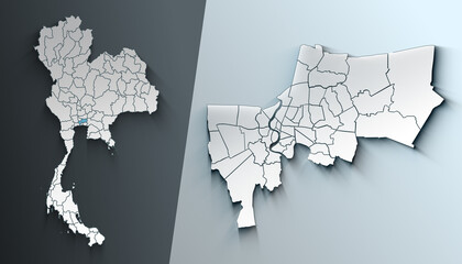Minimalist 3D Map of Bangkok Thailand Region with Borders