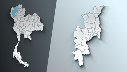 Minimalist 3D Map of Chiang Mai Thailand Region with Borders