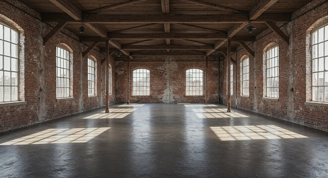 Converted vintage factory loft with exposed beams, red brick walls, and oversized industrial windows, empty spacious interior