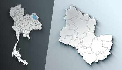 Minimalist 3D Map of Sakon Nakhon Thailand Region with Borders