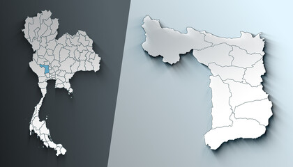 Minimalist 3D Map of Suphan Buri Thailand Region with Borders