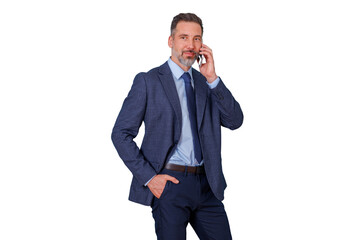 Mature businessman making phone call, confident man communicating on smartphone, professional manager talking, transparent background