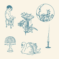 Vintage decorative illustration set line art