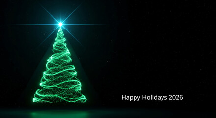 Glowing green particle Christmas tree with star on black starry background. It symbolizes festive season, celebration and upcoming Happy Holidays 2026