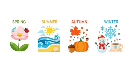 Four Seasons Illustrations: Spring, Summer, Autumn, and Winter Elements, isolated white background.