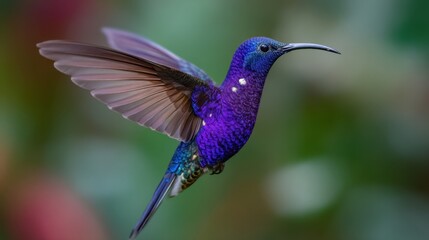 Obraz premium A blue hummingbird is flying through the air. The bird is surrounded by green foliage and has a purple hue