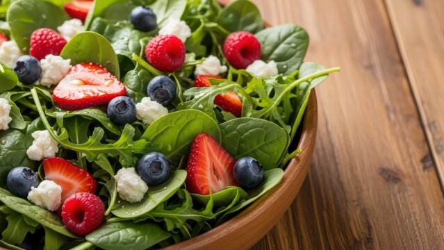 Fresh spinach berry salad with goat cheese, strawberries, blueberries, and raspberries in wooden bowl