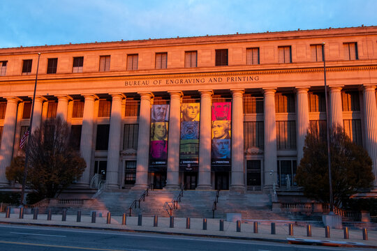 Washington, DC&mdash;Nov 29, 2023; The Bureau of Engraving and Printing glows in evening light, the Treasury facility where U.S. paper currency and federal security documents are designed and produced