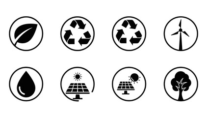 Eco-Conscious Icons: A collection of clean, monochrome icons representing key elements of environmental sustainability and eco-friendly practices, including leaf, recycling symbol, wind turbine.