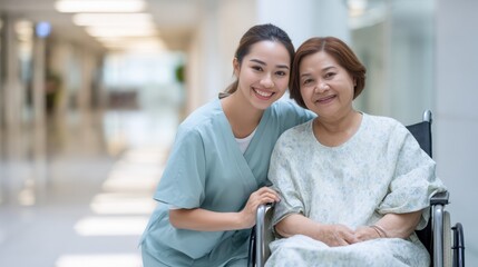 Smiling Asian doctor in scrubs poses with elderly patient in wheelchair, showcasing compassionate care in a bright hospital corridor with soft lighting and modern design