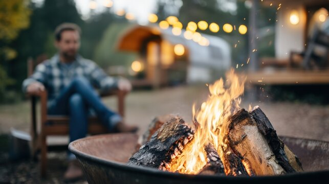 Campfire with glowing flames and logs, surrounded by a cozy outdoor setting, featuring a man relaxing in a chair, creating a warm and inviting atmosphere for gatherings