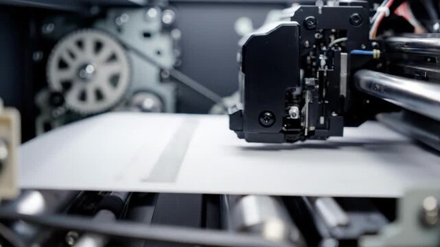 Closeup of 3d printer or plotter head mechanism working on material