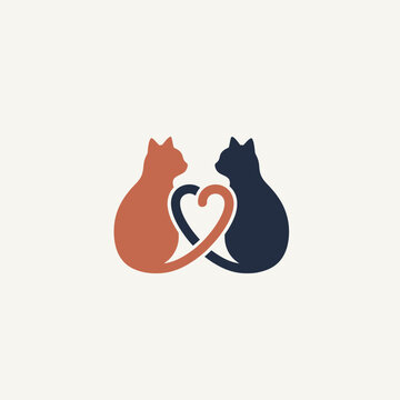 Two cats sitting tail to tail tails curve into one heart minimal vector illustration