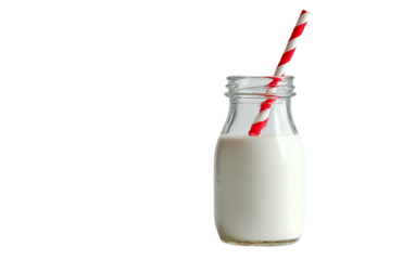 Decorative Christmas milk bottle styled with festive straw perfect for seasonal branding, holiday table setups, and cozy photography projects isolated on transparent background PNG