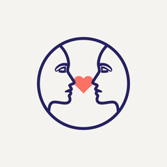 Two faces in profile inside a circular frame lineart bold outline vector illustration