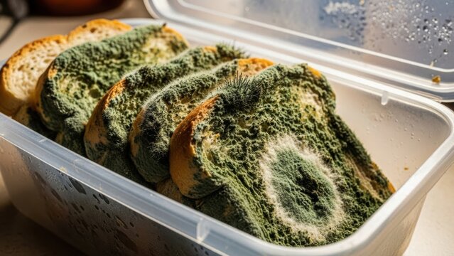 Close-up of green and white mold growing on spoiled bread slices. Rotten, inedible food decaying in a plastic container. Food waste and decomposition concept