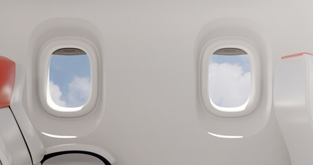 Empty air plane seats. Blue sky and clouds in the window. Airplane interior 