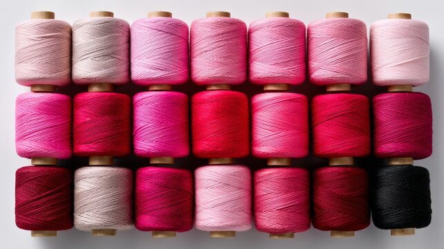 A row of pink and black yarns are displayed. The colors of the yarns create a contrast that is visually appealing