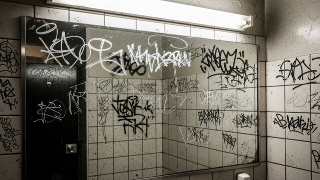 A dirty public bathroom mirror covered in graffiti tags. Urban vandalism and decay in a grungy restroom. Gritty street art background