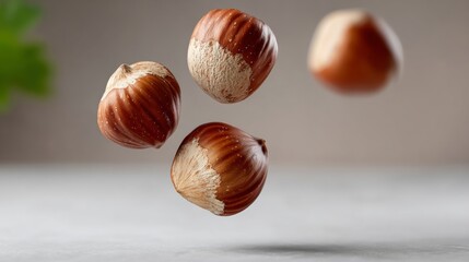 Four nuts are flying in the air. The nuts are brown and have a nutty flavor. Concept of freedom and lightness