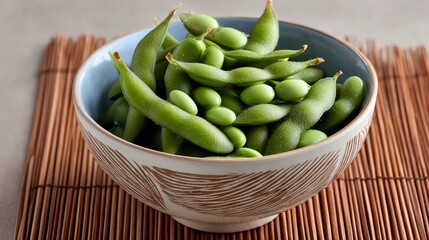 A bowl of green beans is sitting on a wooden table. The beans are fresh and green, and they are arranged in a way that makes them look appetizing. The bowl is small and round