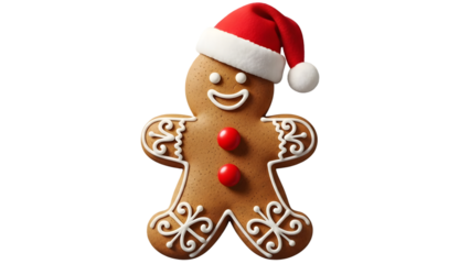 Gingerbread man isolated on transparent background wearing santa hat