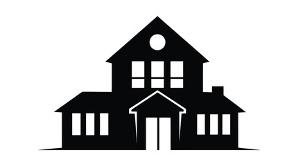 A simple black silhouette of a classic house with a peaked roof and windows