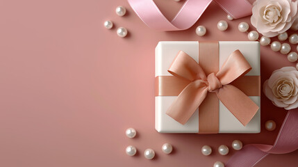 A beautifully wrapped gift box sits atop a soft pink background, adorned with pearls, ribbons, and delicate flower accents, perfect for any celebration.