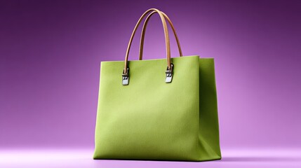 A green purse with a brown handle sits on a purple background. The purse is the main focus of the image, and its bright color contrasts with the purple background