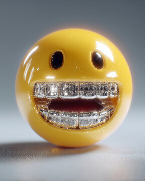 Smiling emoji with shining silver teeth braces, a dazzling sight