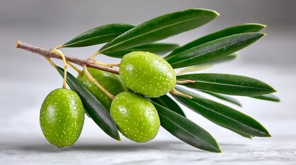 A green olive branch with three olives on it. The olives are green and have a few spots