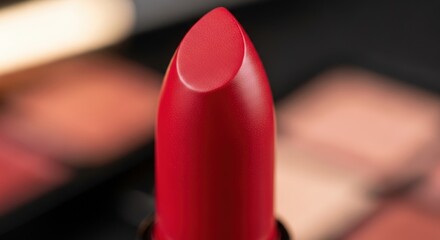 Red lipstick on dark background with makeup palette behind  