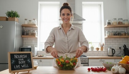 Woman preparing fresh salad in modern kitchen with cheerful smile  