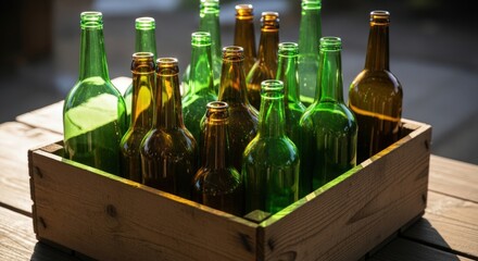 Empty glass bottles in wooden crate on table in sunlight  