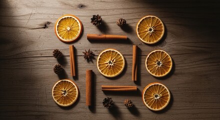 Dried orange slices and cinnamon sticks arranged on wooden background  
