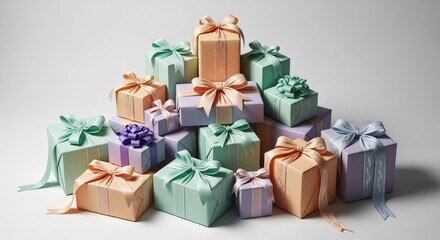Colorful gift boxes arranged in a pyramid on a neutral background  