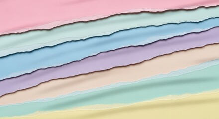 A beautiful, abstract flat lay background featuring multiple layers of paper in soft pastel shades like mint, lavender, pale pink, and lemon