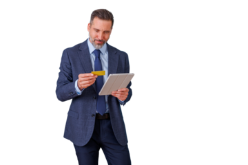 Businessman making online payment with credit card and digital tablet for e-commerce shopping on transparent background