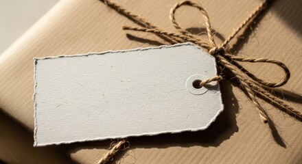 Blank gift tag tied with twine on brown wrapped package  